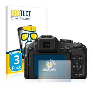 Vorderseite einer Produktverpackung mit dem Markenlogo BROTECT. Daneben ist das Gerät Panasonic Lumix DMC-FZ200 mit dem zugehö