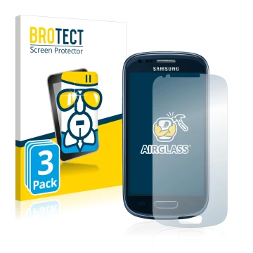 Vorderseite einer Produktverpackung mit dem Markenlogo BROTECT. Daneben ist das Gerät Samsung Galaxy S3 Mini I8190 mit dem zug