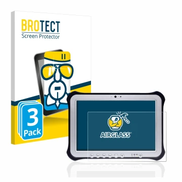 Vorderseite einer Produktverpackung mit dem Markenlogo BROTECT. Daneben ist das Gerät Panasonic Toughpad FZ-G1 mit dem zugehör