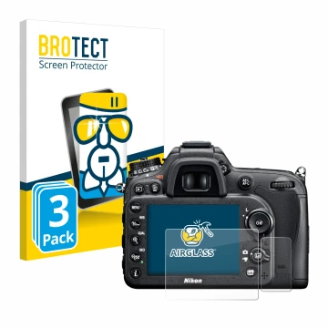 Vorderseite einer Produktverpackung mit dem Markenlogo BROTECT. Daneben ist das Gerät Nikon D7100 mit dem zugehörigen Displays