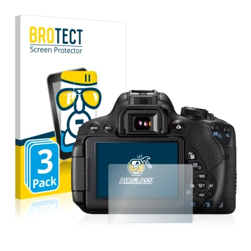 Vorderseite einer Produktverpackung mit dem Markenlogo BROTECT. Daneben ist das Gerät Canon EOS 700D mit dem zugehörigen Displ