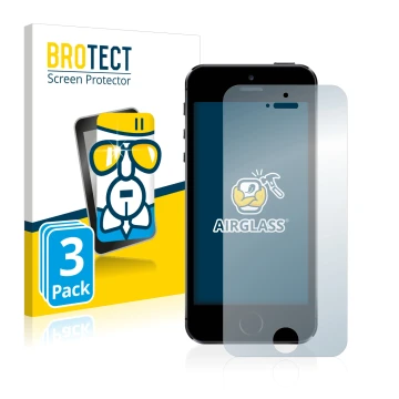 Vorderseite einer Produktverpackung mit dem Markenlogo BROTECT. Daneben ist das Gerät Apple iPhone 5S mit dem zugehörigen Disp