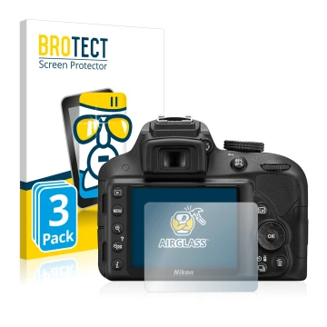 Vorderseite einer Produktverpackung mit dem Markenlogo BROTECT. Daneben ist das Gerät Nikon D3300 mit dem zugehörigen Displays