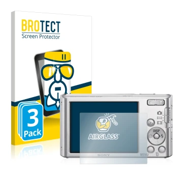 Vorderseite einer Produktverpackung mit dem Markenlogo BROTECT. Daneben ist das Gerät Sony Cyber-Shot DSC-W830 mit dem zugehör