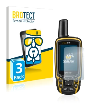 Vorderseite einer Produktverpackung mit dem Markenlogo BROTECT. Daneben ist das Gerät Garmin GPSMAP 64 mit dem zugehörigen Dis