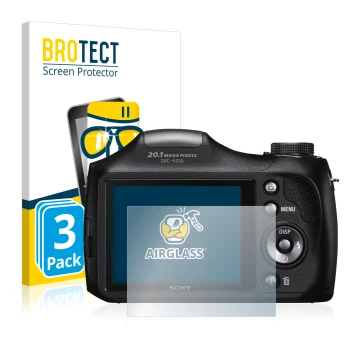 Vorderseite einer Produktverpackung mit dem Markenlogo BROTECT. Daneben ist das Gerät Sony Cyber-Shot DSC-H300 mit dem zugehör