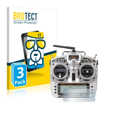 Vorderseite einer Produktverpackung mit dem Markenlogo BROTECT. Daneben ist das Gerät FrSky Taranis X9D mit dem zugehörigen Di