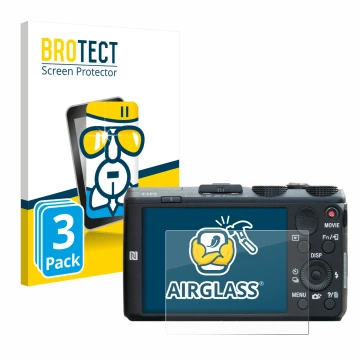 Vorderseite einer Produktverpackung mit dem Markenlogo BROTECT. Daneben ist das Gerät Sony Cyber-Shot DSC-HX60 mit dem zugehör