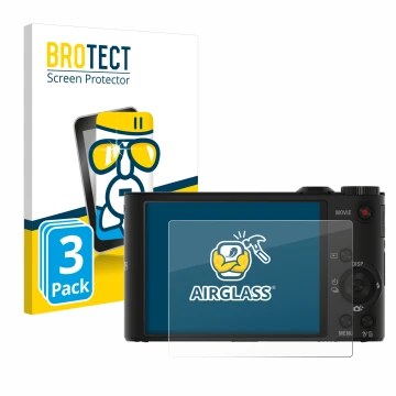 Vorderseite einer Produktverpackung mit dem Markenlogo BROTECT. Daneben ist das Gerät Sony Cyber-Shot DSC-WX350 mit dem zugehö