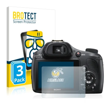 Vorderseite einer Produktverpackung mit dem Markenlogo BROTECT. Daneben ist das Gerät Sony Cyber-Shot DSC-HX400V mit dem zugeh