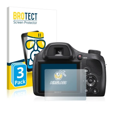 Vorderseite einer Produktverpackung mit dem Markenlogo BROTECT. Daneben ist das Gerät Sony Cyber-Shot DSC-H400 mit dem zugehör