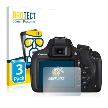 Vorderseite einer Produktverpackung mit dem Markenlogo BROTECT. Daneben ist das Gerät Canon EOS 1200D mit dem zugehörigen Disp