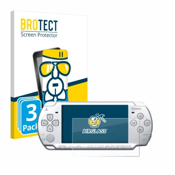 Vorderseite einer Produktverpackung mit dem Markenlogo BROTECT. Daneben ist das Gerät Sony PSP 2004 mit dem zugehörigen Displa