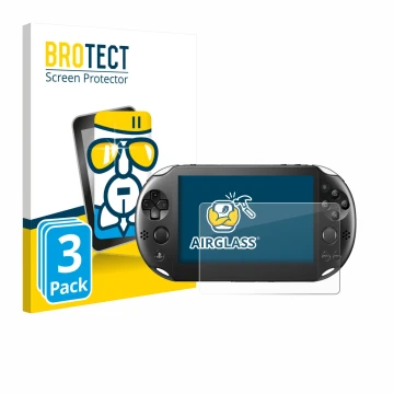 Vorderseite einer Produktverpackung mit dem Markenlogo BROTECT. Daneben ist das Gerät Sony Playstation PS Vita Slim mit dem zu