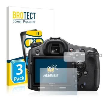 Vorderseite einer Produktverpackung mit dem Markenlogo BROTECT. Daneben ist das Gerät Sony Alpha 77 II (SLT-A77 II) mit dem zu