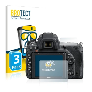 Vorderseite einer Produktverpackung mit dem Markenlogo BROTECT. Daneben ist das Gerät Nikon D750 mit dem zugehörigen Displaysc