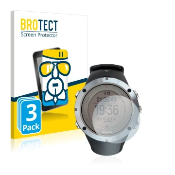 Vorderseite einer Produktverpackung mit dem Markenlogo BROTECT. Daneben ist das Gerät Suunto Ambit3 Peak Sapphire mit dem zuge