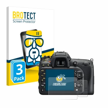 Vorderseite einer Produktverpackung mit dem Markenlogo BROTECT. Daneben ist das Gerät Nikon D7200 mit dem zugehörigen Displays