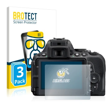 Vorderseite einer Produktverpackung mit dem Markenlogo BROTECT. Daneben ist das Gerät Nikon D5500 mit dem zugehörigen Displays