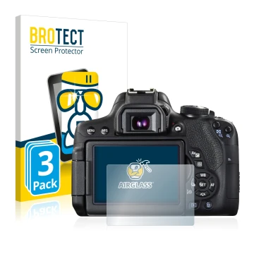 Vorderseite einer Produktverpackung mit dem Markenlogo BROTECT. Daneben ist das Gerät Canon EOS 750D mit dem zugehörigen Displ