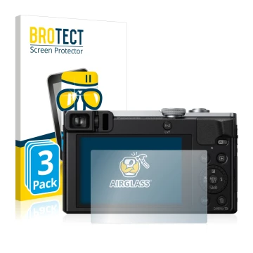 Vorderseite einer Produktverpackung mit dem Markenlogo BROTECT. Daneben ist das Gerät Panasonic Lumix DMC-TZ70 mit dem zugehör