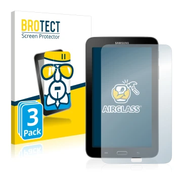Vorderseite einer Produktverpackung mit dem Markenlogo BROTECT. Daneben ist das Gerät Samsung Galaxy Tab 3 SM-T113 mit dem zug