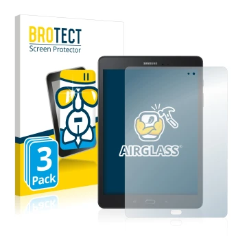 Vorderseite einer Produktverpackung mit dem Markenlogo BROTECT. Daneben ist das Gerät Samsung Galaxy Tab A 9.7 mit dem zugehör