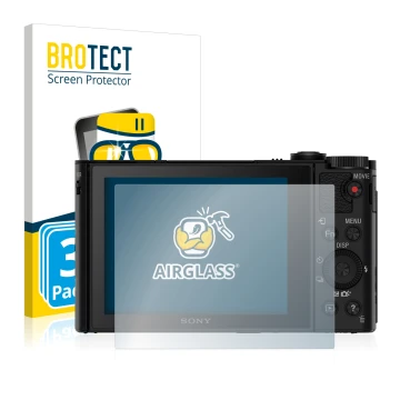 Vorderseite einer Produktverpackung mit dem Markenlogo BROTECT. Daneben ist das Gerät Sony Cyber-Shot DSC-HX90V mit dem zugehö