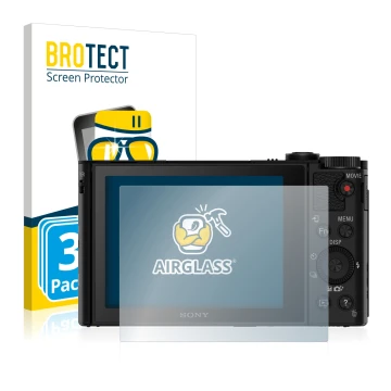 Vorderseite einer Produktverpackung mit dem Markenlogo BROTECT. Daneben ist das Gerät Sony Cyber-Shot DSC-WX500 mit dem zugehö
