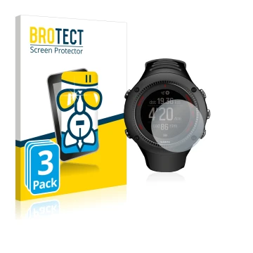 Vorderseite einer Produktverpackung mit dem Markenlogo BROTECT. Daneben ist das Gerät Suunto Ambit3 Run Black mit dem zugehöri