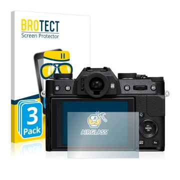 Vorderseite einer Produktverpackung mit dem Markenlogo BROTECT. Daneben ist das Gerät Fujifilm X-T10 mit dem zugehörigen Displ