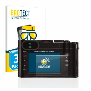 Vorderseite einer Produktverpackung mit dem Markenlogo BROTECT. Daneben ist das Gerät Leica Q (Typ 116) mit dem zugehörigen Di