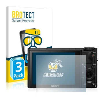 Vorderseite einer Produktverpackung mit dem Markenlogo BROTECT. Daneben ist das Gerät Sony Cyber-Shot DSC-RX100 IV mit dem zug