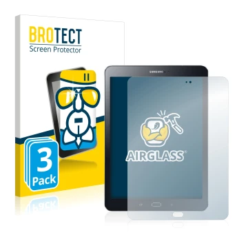 Vorderseite einer Produktverpackung mit dem Markenlogo BROTECT. Daneben ist das Gerät Samsung Galaxy Tab S2 9.7 mit dem zugehö