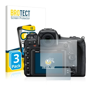 Vorderseite einer Produktverpackung mit dem Markenlogo BROTECT. Daneben ist das Gerät Nikon D500 mit dem zugehörigen Displaysc