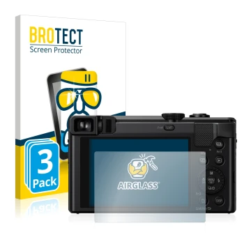 Vorderseite einer Produktverpackung mit dem Markenlogo BROTECT. Daneben ist das Gerät Panasonic Lumix DMC-TZ80 mit dem zugehör