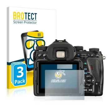 Vorderseite einer Produktverpackung mit dem Markenlogo BROTECT. Daneben ist das Gerät Pentax K-1 mit dem zugehörigen Displaysc