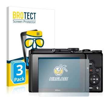 Vorderseite einer Produktverpackung mit dem Markenlogo BROTECT. Daneben ist das Gerät Nikon Coolpix A900 mit dem zugehörigen D