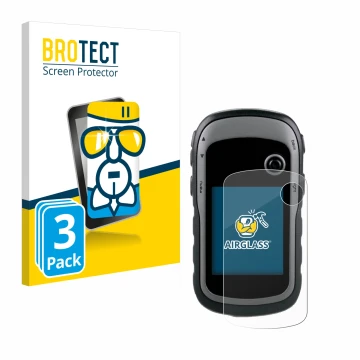 Vorderseite einer Produktverpackung mit dem Markenlogo BROTECT. Daneben ist das Gerät Garmin eTrex 30x mit dem zugehörigen Dis