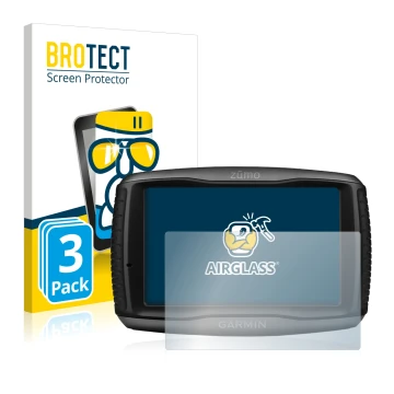 Vorderseite einer Produktverpackung mit dem Markenlogo BROTECT. Daneben ist das Gerät Garmin zumo 595LM mit dem zugehörigen Di
