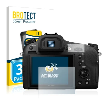 Vorderseite einer Produktverpackung mit dem Markenlogo BROTECT. Daneben ist das Gerät Sony Cyber-Shot DSC-RX10 III mit dem zug
