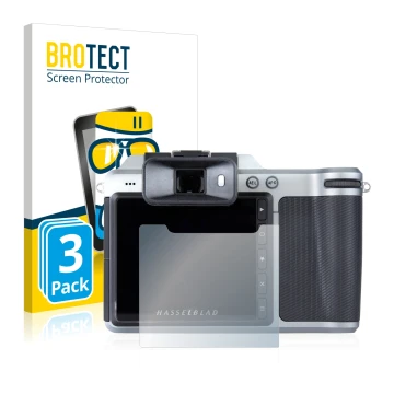 Vorderseite einer Produktverpackung mit dem Markenlogo BROTECT. Daneben ist das Gerät Hasselblad X1D-50c mit dem zugehörigen D