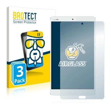 Vorderseite einer Produktverpackung mit dem Markenlogo BROTECT. Daneben ist das Gerät Huawei MediaPad M3 8.4 mit dem zugehörig