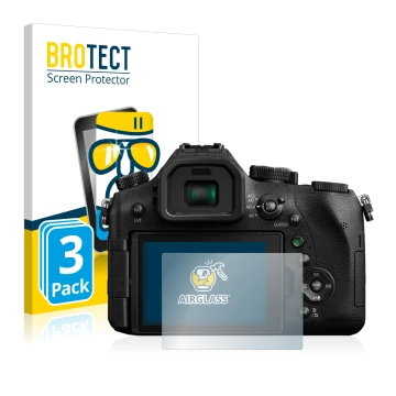 Vorderseite einer Produktverpackung mit dem Markenlogo BROTECT. Daneben ist das Gerät Panasonic Lumix DMC-FZ2000 mit dem zugeh