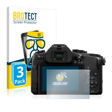 Vorderseite einer Produktverpackung mit dem Markenlogo BROTECT. Daneben ist das Gerät Panasonic Lumix DMC-G81 mit dem zugehöri