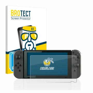 Vorderseite einer Produktverpackung mit dem Markenlogo BROTECT. Daneben ist das Gerät Nintendo Switch mit dem zugehörigen Disp