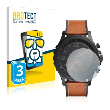 Vorderseite einer Produktverpackung mit dem Markenlogo BROTECT. Daneben ist das Gerät Fossil Q Nate mit dem zugehörigen Displa