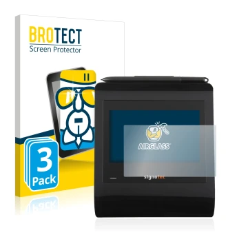 Vorderseite einer Produktverpackung mit dem Markenlogo BROTECT. Daneben ist das Gerät Signotec Signature Pad Gamma mit dem zug