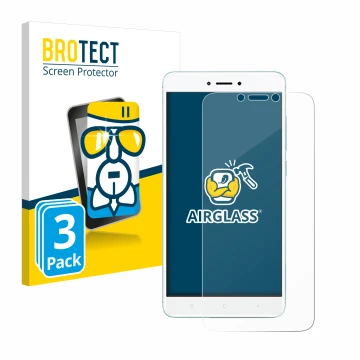 Vorderseite einer Produktverpackung mit dem Markenlogo BROTECT. Daneben ist das Gerät Xiaomi Redmi 4X mit dem zugehörigen Disp