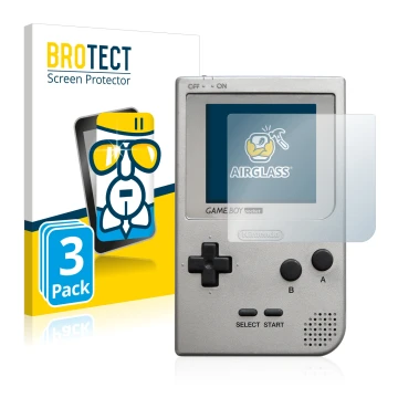 Vorderseite einer Produktverpackung mit dem Markenlogo BROTECT. Daneben ist das Gerät Nintendo Gameboy Pocket mit dem zugehöri